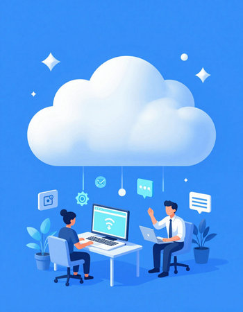 Cloud computing concept vector illustration. Man and woman working with laptops and mobile phone.