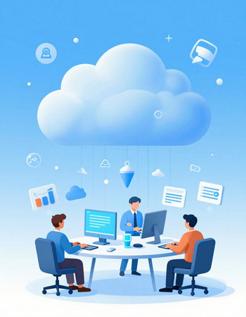 Cloud computing technology concept. Business people working in modern office. Vector illustration