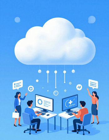Cloud computing concept with people working with computers on blue background vector illustration