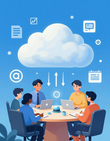 Business people working in the office with cloud computing icons, vector illustration