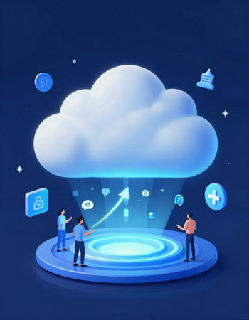 Cloud computing technology concept with people and icons on blue background vector illustration