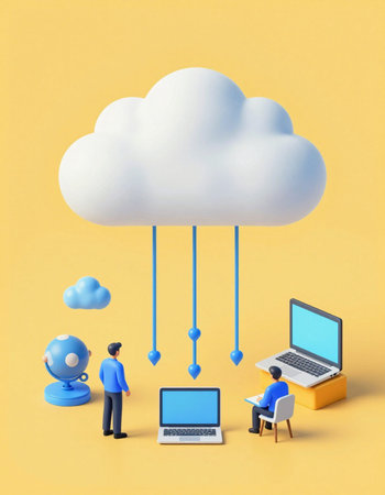 Cloud computing concept. 3d illustration. Blue cloud and people.