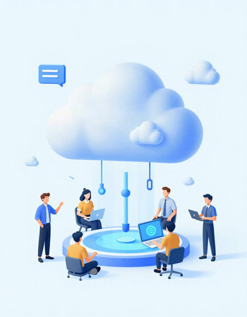 Cloud computing concept. People working on computers and chat bubbles. Vector illustration