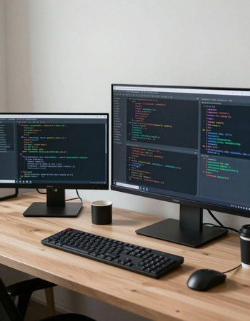 Desktop computer with program code on screen. Workplace of programmer.