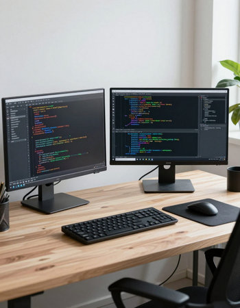 Programmer working on computer at desk in office, software development concept