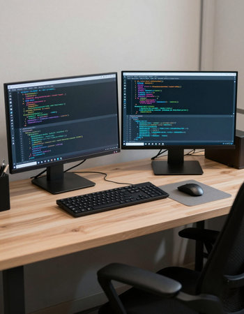 Computer monitors with programming code on table in office, close-up