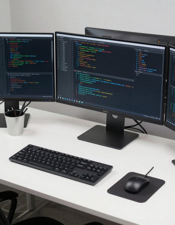 Computer monitor and keyboard on a white table in a modern office.