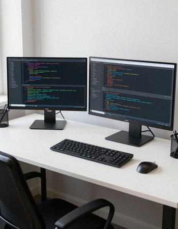 Workplace of programmer in the office with computers on the table.