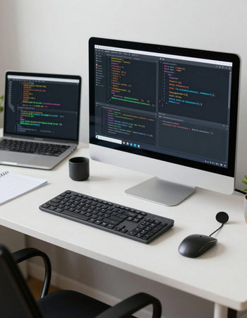Programmer working in a software develop company office. Programming and coding concept