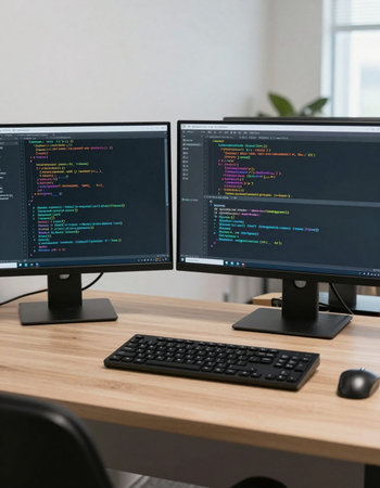 Computer monitors with program code on table in office, shallow dof