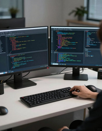 Side view of female programmer typing on computer monitors while sitting at desk in office