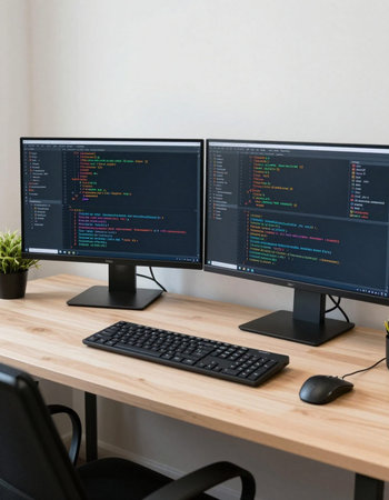 Computer screen in office room with monitor, keyboard and mouse on desk