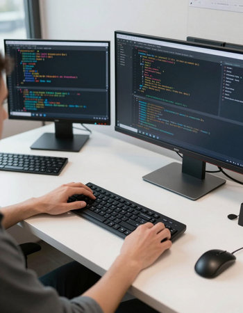 Cropped image of programmer working on computer at desk in software development studio