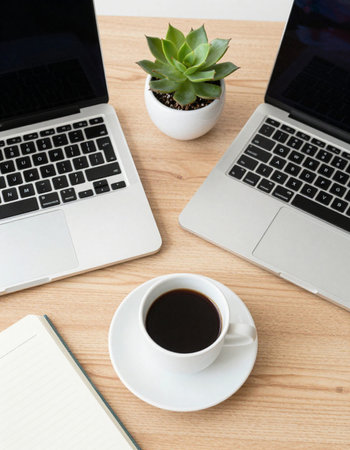 Laptop and coffee cup on wooden desk. Top view with copy space
