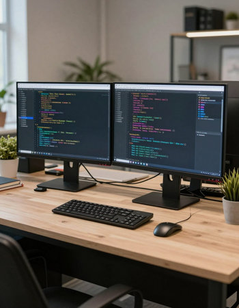 computer monitors with program code on desk in office, software development concept