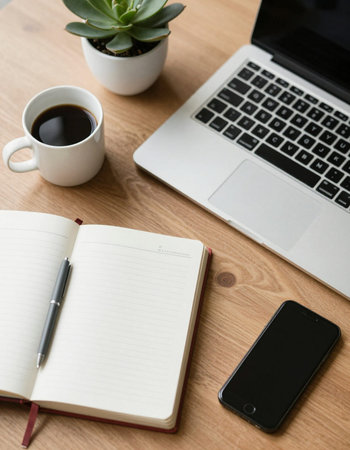Office workplace with laptop, smartphone and coffee cup on wooden table.