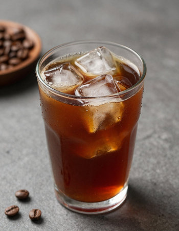 Glass of cola with ice cubes on grey table, closeup
