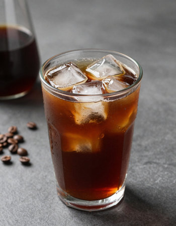 Cola with ice cubes and coffee beans on dark background, closeup
