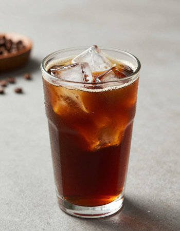 Glass of cola with ice cubes on grey table, closeup