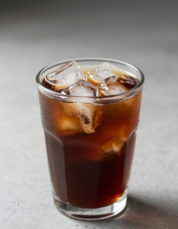 Cola with ice cubes in a glass on a gray background, top view