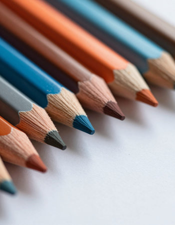 Colored pencils on a white background. Close-up.