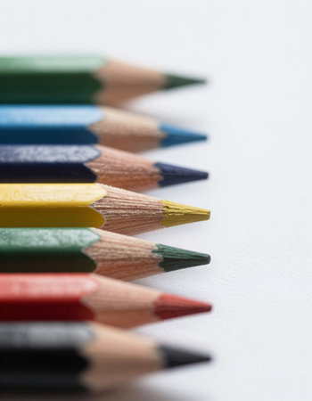 Close up of color pencils on white background with copy space.