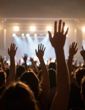 Crowd at a concert with hands raised in front of a stage