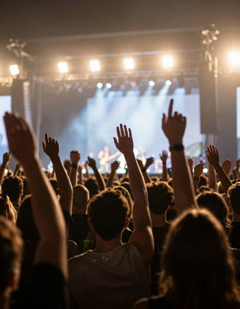 Crowd at concert with hands raised at the background, music festival