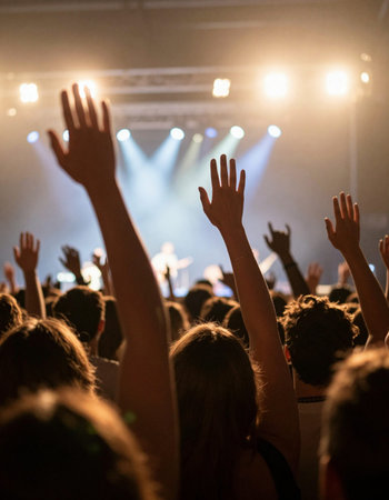 Crowd at a music festival, hands up in front of the stage