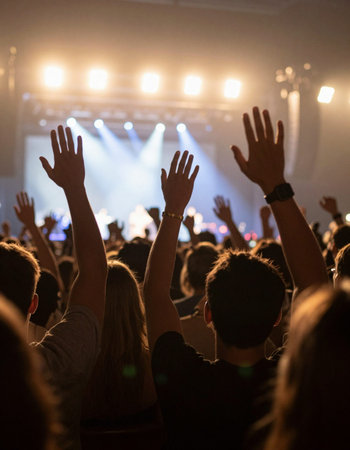 Crowd at concert, hands raised up in the air, blurred background