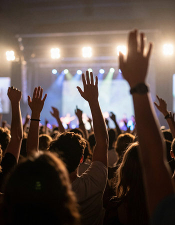 Crowd at a concert in front of a bright stage with hands raised