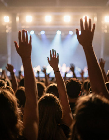 crowd of people with hands raised in front of a concert stage