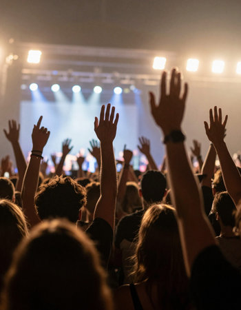 Crowd of people with hands raised at a live music concert.