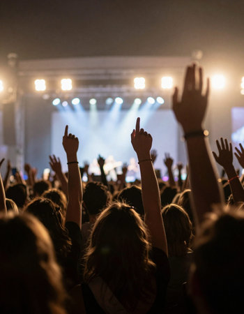 Crowd at concert with hands raised at a music festival, close up