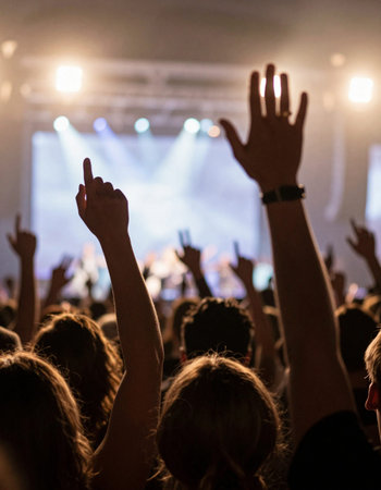 Crowd at concert, hands raised in the air, music festival