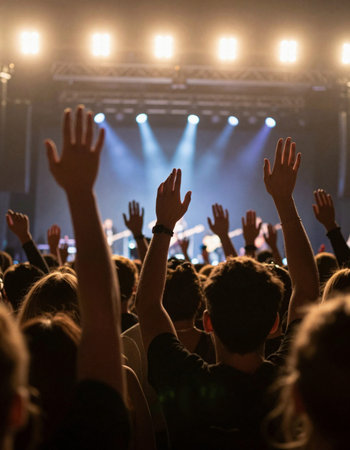 Concert crowd with hands raised at a music festival, close up