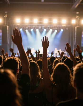 Crowd at a concert, hands raised in front of the stage