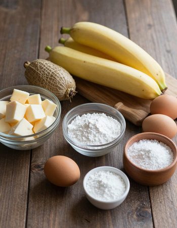Baking ingredients. Banana, eggs, flour, sugar, butter on wooden backgroundの写真素材