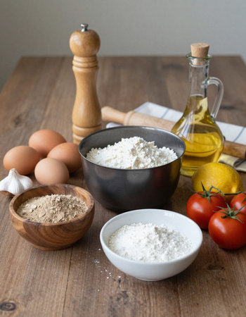 Baking ingredients on a wooden table. Eggs, flour, oil, salt, pepper, garlic, tomatoes.