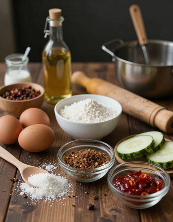 Baking ingredients: flour, eggs, oil, salt, cucumber