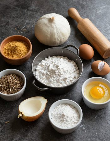 Baking ingredients: eggs, flour, sugar, rolling pin on dark backgroundの写真素材