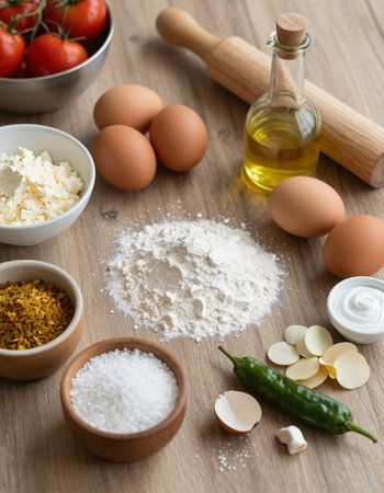 Baking ingredients on a wooden table. Ingredients for baking. Food background.の写真素材