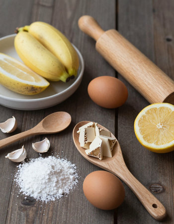 Baking ingredients on wooden background. Banana, eggs, flour, and wooden spoon.