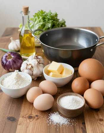 Ingredients for cooking mayonnaise, eggs, garlic, oil and butterの写真素材