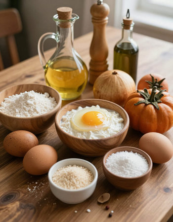 Ingredients for pumpkin pie - flour, eggs, sugar, oil and pumpkinの写真素材
