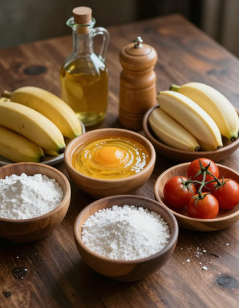 Baking ingredients on wooden table. Banana, eggs, tomatoes, flour and oil.の写真素材