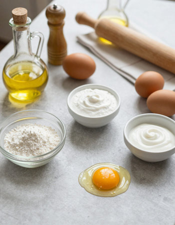 Baking ingredients and utensils - eggs, flour, oilnnaise