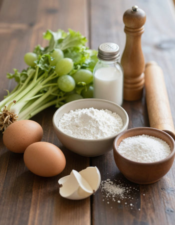 Baking ingredients: flour, eggs, salt, rolling pin and celery on wooden table
