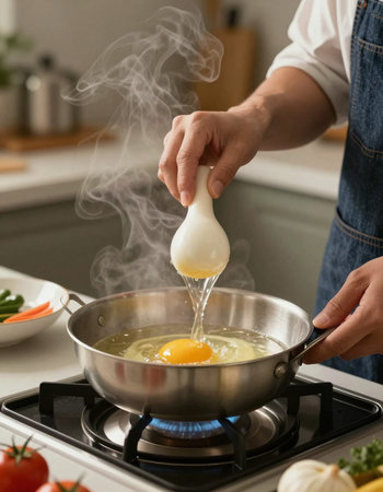 Close-up of man pouring egg into frying pan with yolkの写真素材