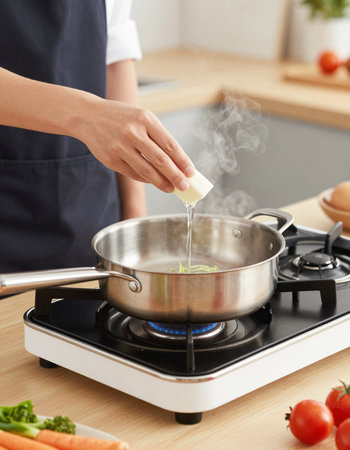 Woman cooking in the kitchen, close-up. Healthy meal concept